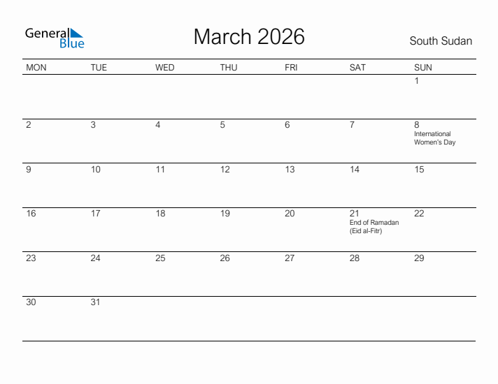 Printable March 2026 Calendar for South Sudan