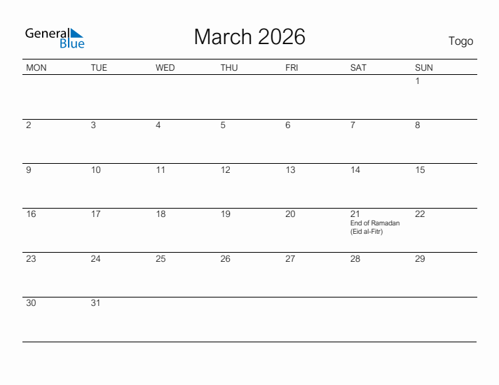 Printable March 2026 Calendar for Togo