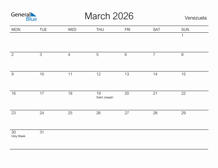 Printable March 2026 Calendar for Venezuela