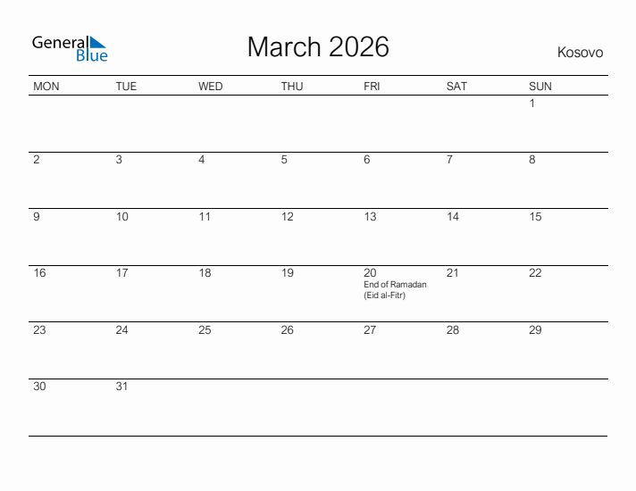 Printable March 2026 Calendar for Kosovo