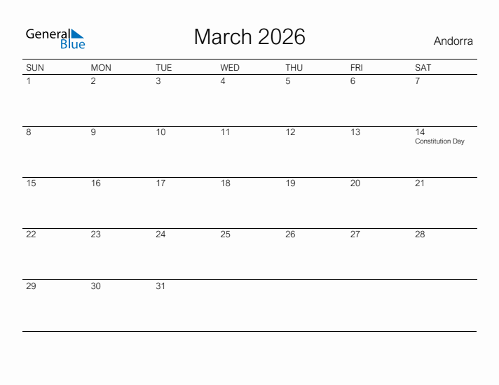 Printable March 2026 Calendar for Andorra