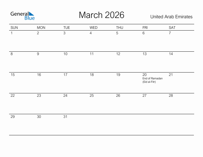 Printable March 2026 Calendar for United Arab Emirates