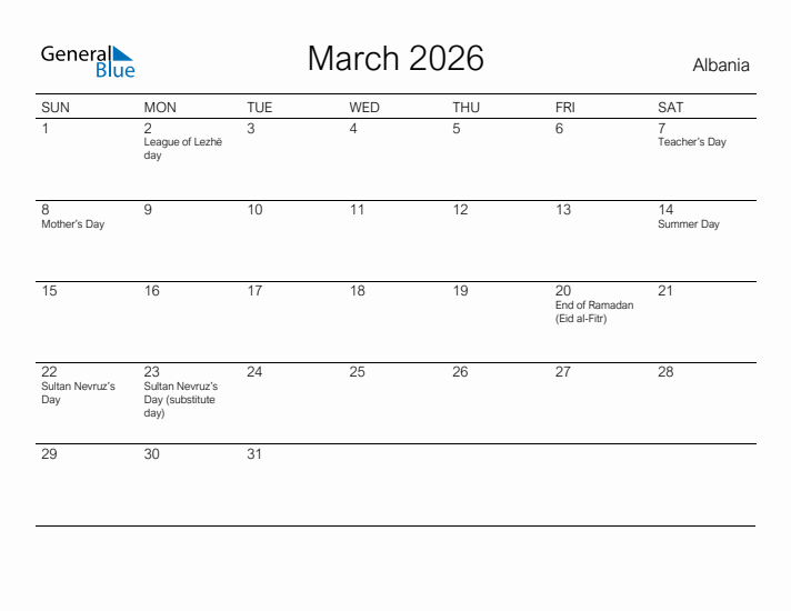 Printable March 2026 Calendar for Albania