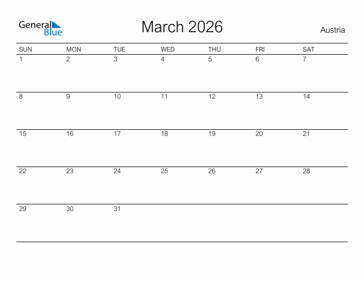 Printable March 2026 Calendar for Austria