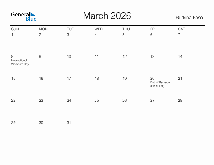 Printable March 2026 Calendar for Burkina Faso