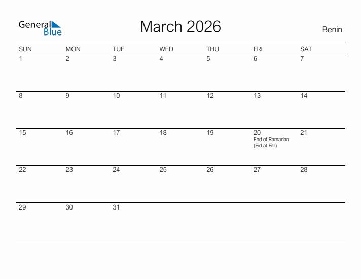 Printable March 2026 Calendar for Benin