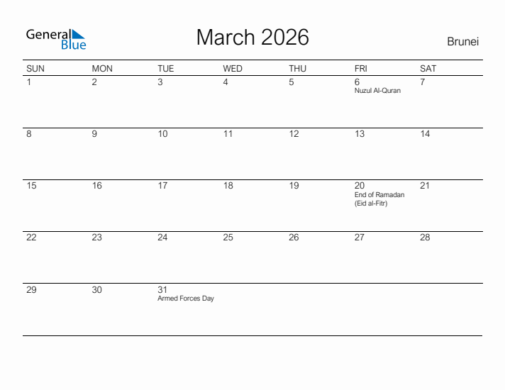 Printable March 2026 Calendar for Brunei