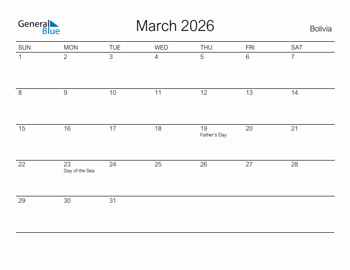 Printable March 2026 Calendar for Bolivia