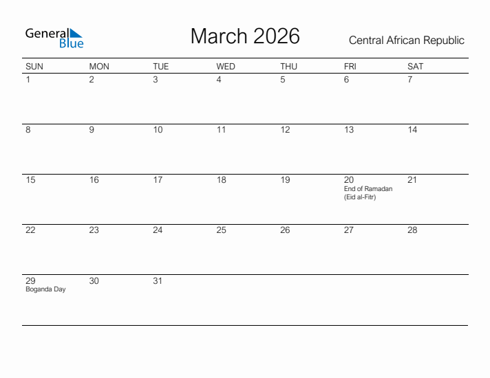 Printable March 2026 Calendar for Central African Republic