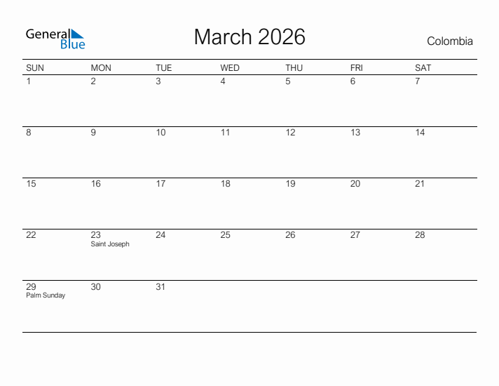 Printable March 2026 Calendar for Colombia