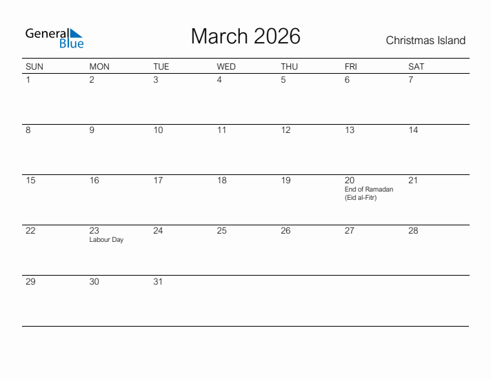 Printable March 2026 Calendar for Christmas Island
