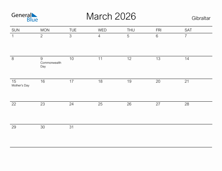 Printable March 2026 Calendar for Gibraltar