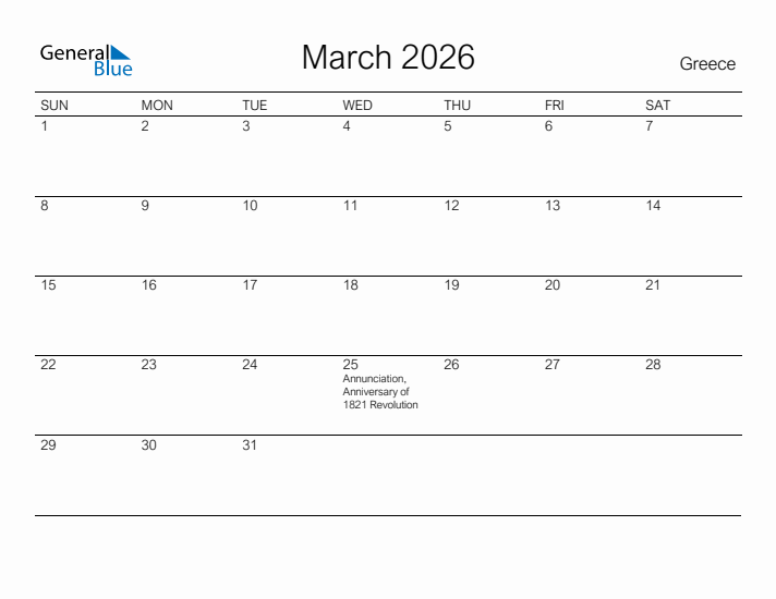 Printable March 2026 Calendar for Greece