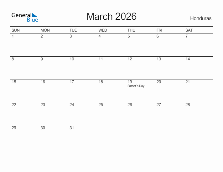 Printable March 2026 Calendar for Honduras