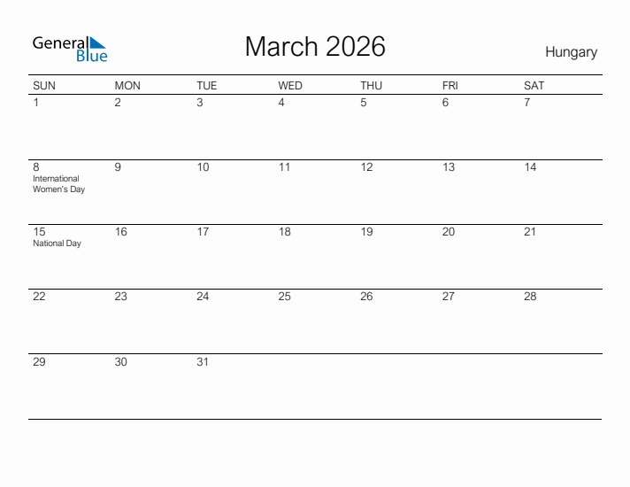 Printable March 2026 Calendar for Hungary
