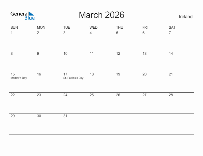 Printable March 2026 Calendar for Ireland
