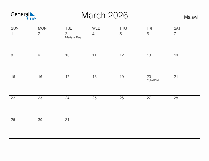 Printable March 2026 Calendar for Malawi