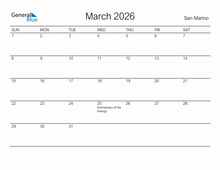 Printable March 2026 Calendar for San Marino