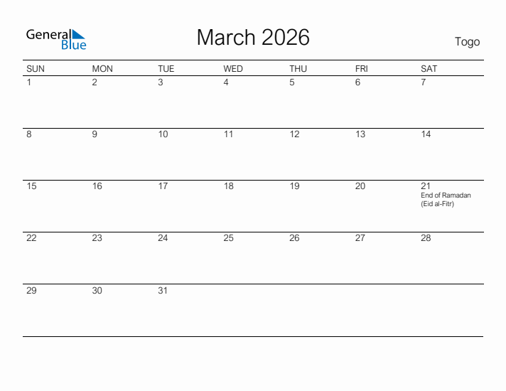 Printable March 2026 Calendar for Togo