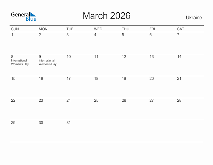 Printable March 2026 Calendar for Ukraine