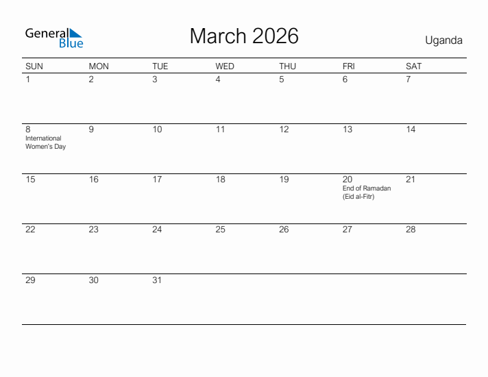 Printable March 2026 Calendar for Uganda