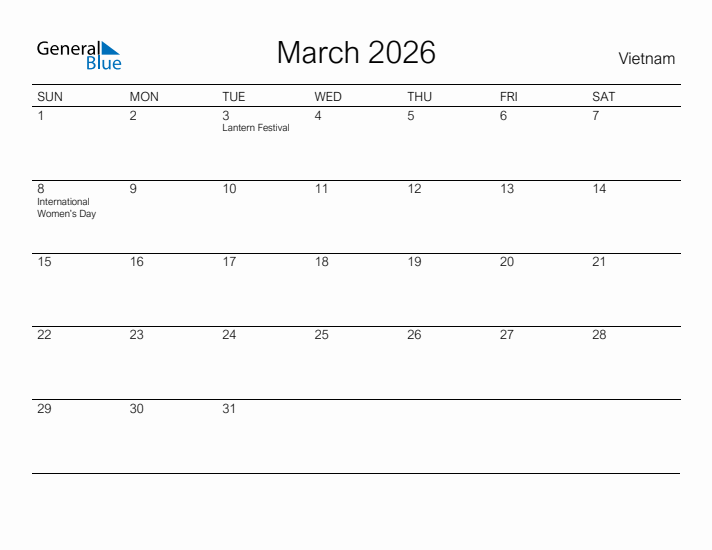 Printable March 2026 Calendar for Vietnam