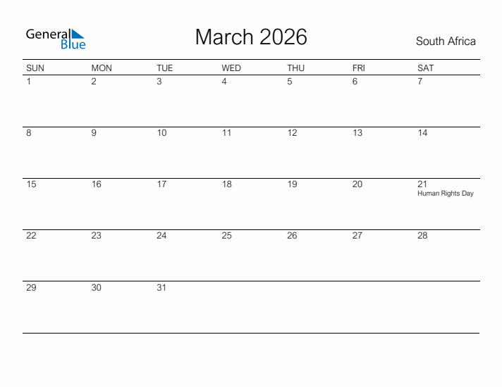 Printable March 2026 Calendar for South Africa