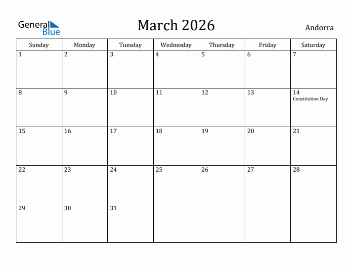 March 2026 Calendar Andorra