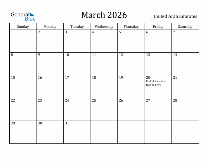 March 2026 Calendar United Arab Emirates