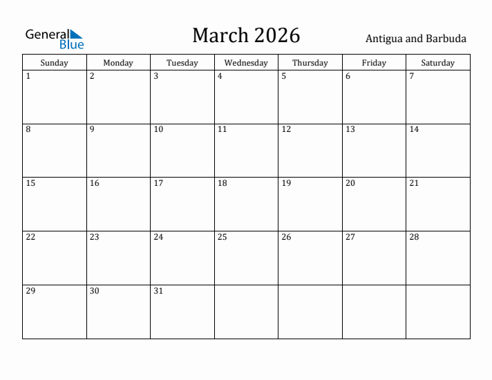 March 2026 Calendar Antigua and Barbuda