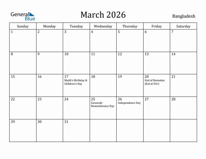March 2026 Calendar Bangladesh