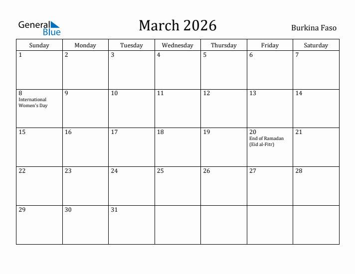March 2026 Calendar Burkina Faso