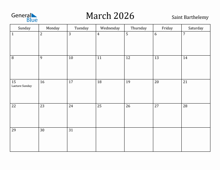 March 2026 Calendar Saint Barthelemy