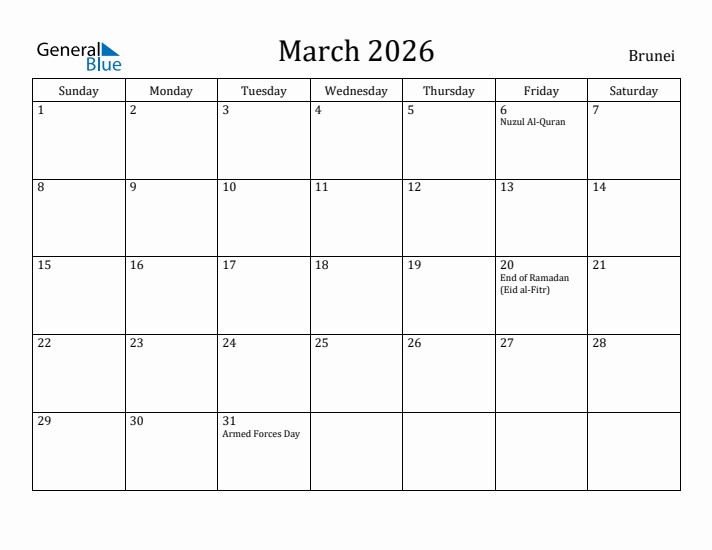 March 2026 Calendar Brunei