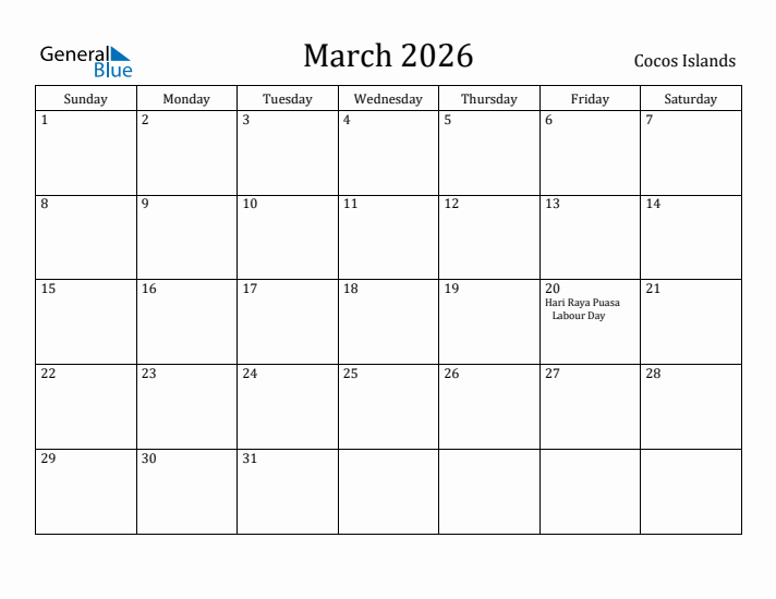 March 2026 Calendar Cocos Islands