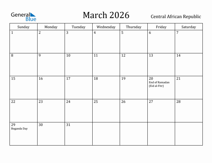 March 2026 Calendar Central African Republic