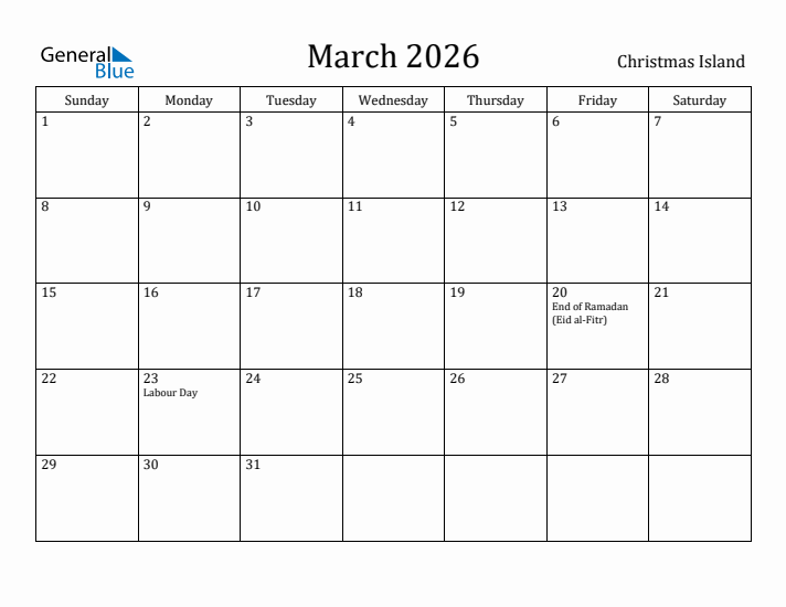 March 2026 Calendar Christmas Island
