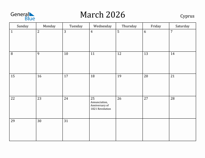 March 2026 Calendar Cyprus