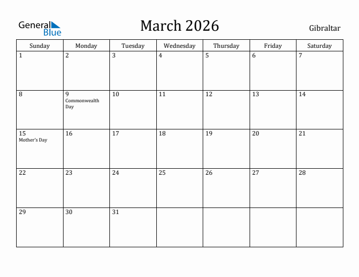 March 2026 Calendar Gibraltar