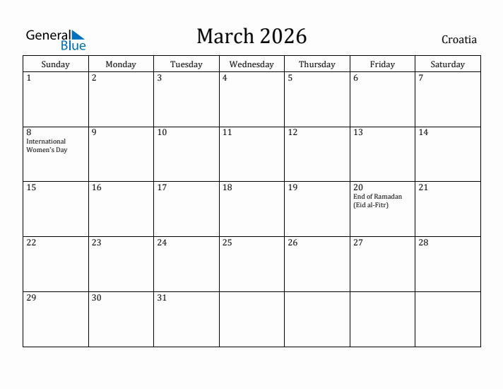March 2026 Calendar Croatia