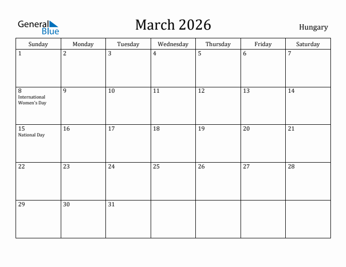 March 2026 Calendar Hungary