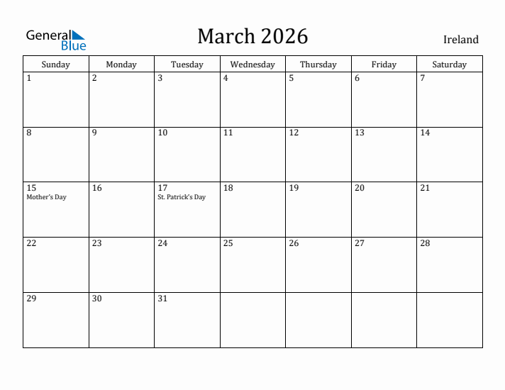 March 2026 Calendar Ireland