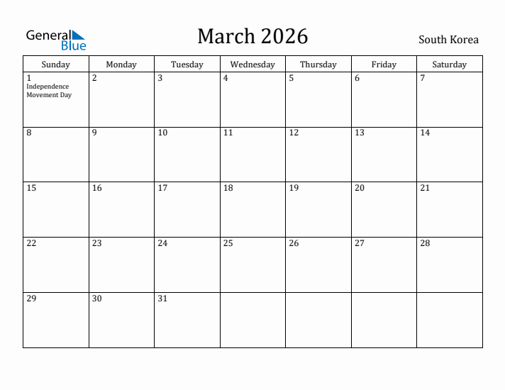 March 2026 Calendar South Korea