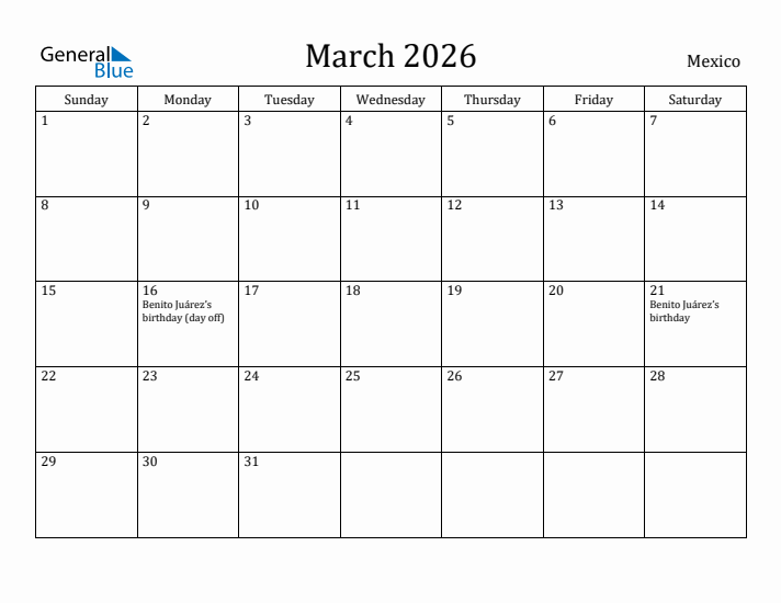 March 2026 Calendar Mexico