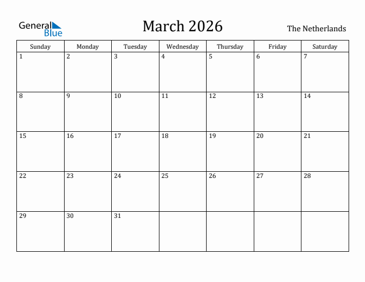March 2026 Calendar The Netherlands