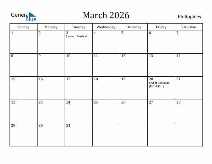 March 2026 Calendar Philippines