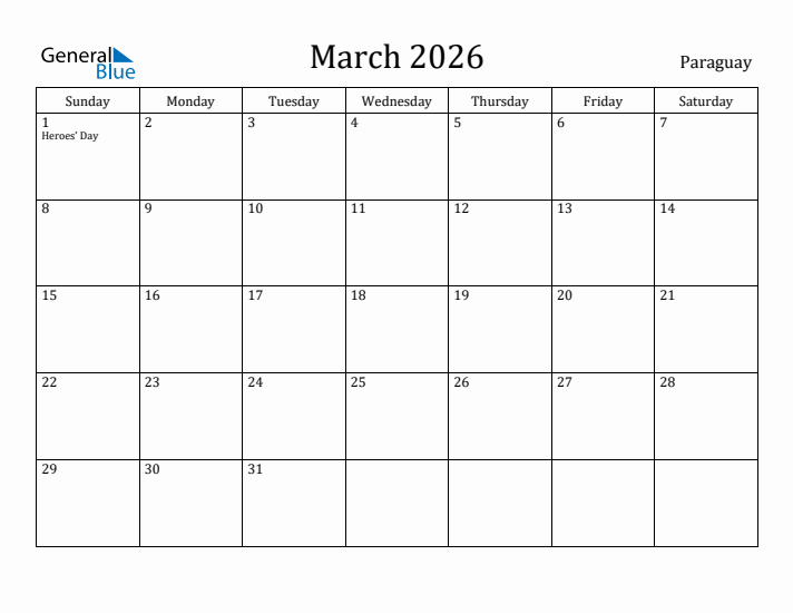 March 2026 Calendar Paraguay