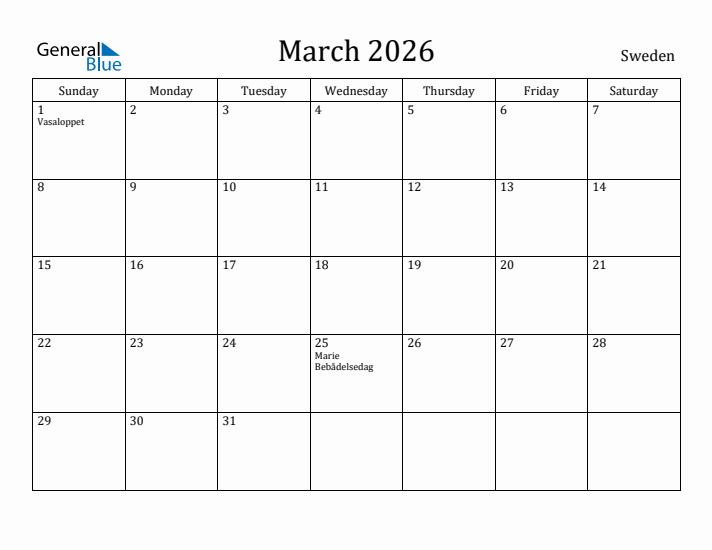 March 2026 Calendar Sweden