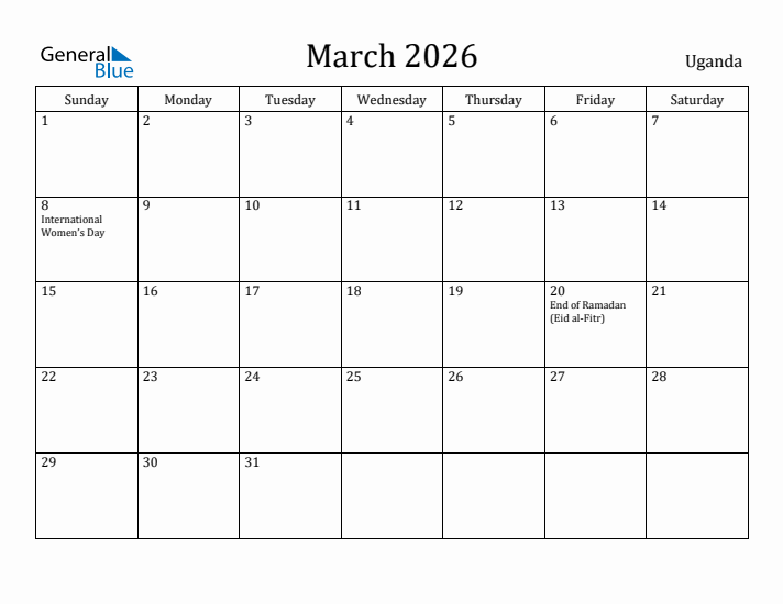 March 2026 Calendar Uganda