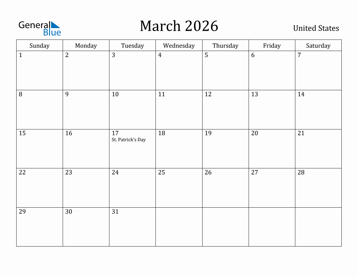 March 2026 Monthly Calendar with United States Holidays